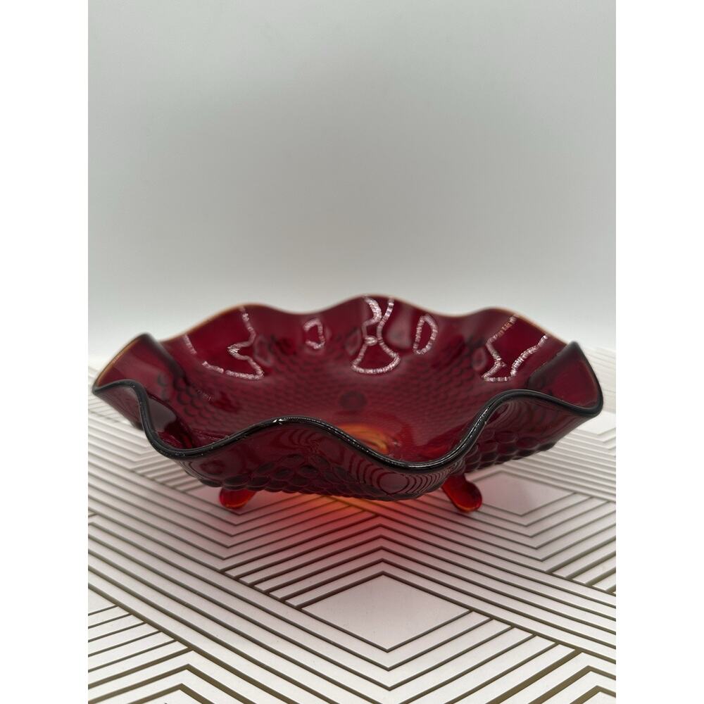 Vintage Fenton Ruby Red And Yellow Glass Candy Dish Three Footed Hobnail 7"